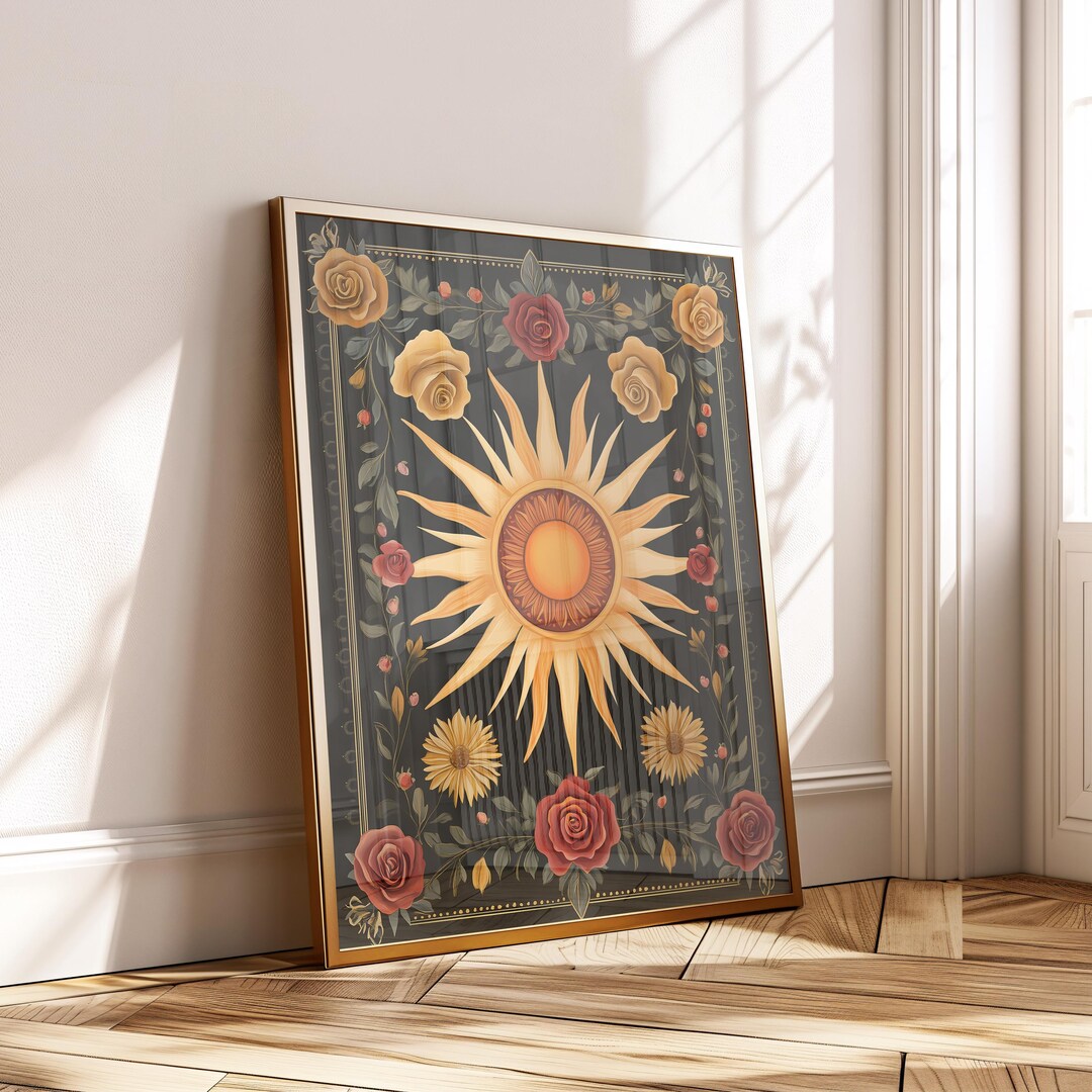 Boho Sun Roses Wall Art - Mystical Folk Digital Poster Yellow Red ...