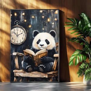Cozy Panda Reading Art | Whimsical Nighttime Illustration | Animal Lover Digital Wall Art | Gift for Book Enthusiasts
