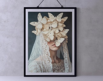 Veiled Woman Moth Art, Gothic Art Witchy Aesthetic, Dark Academia, Occult Poster Gothic Decor, Moody Wall Art, Halloween Art, Dark Romance
