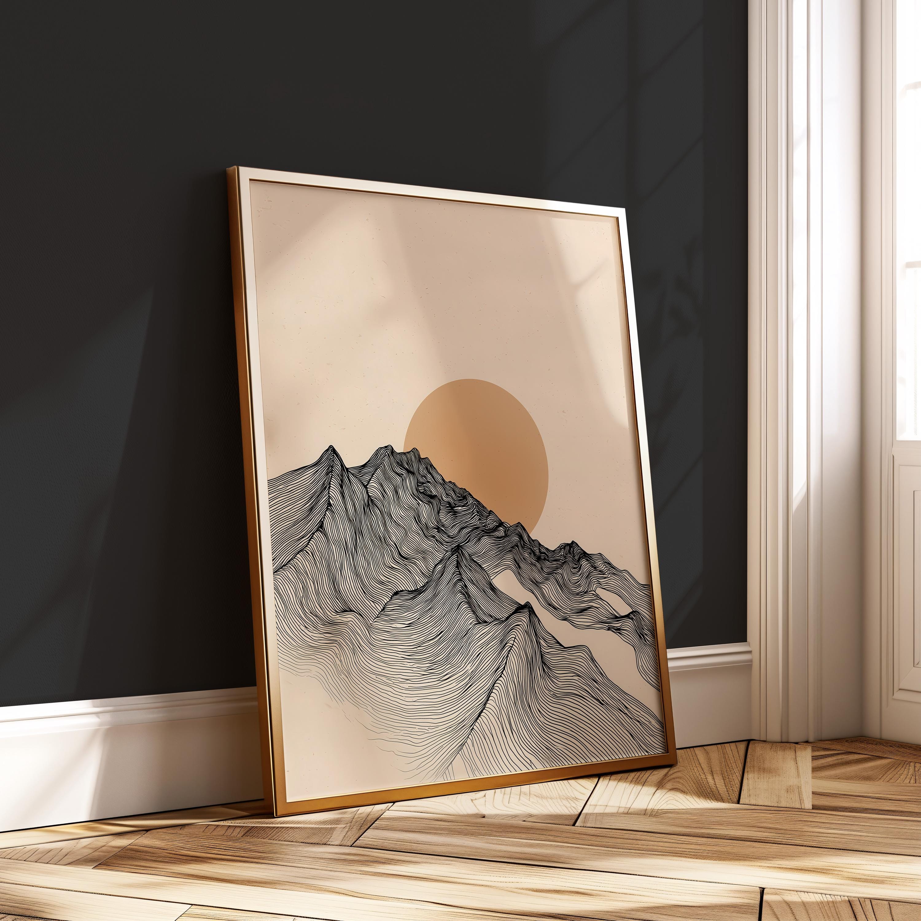 Japandi Mountain Line Art - Minimalist Sun Wall Decor Vertical