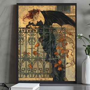 Rätselhafte Gothic Dämonin Kunstdruck | Rothaarige Frau mit schwarzen Flügeln auf Balkon | Dark Fantasy Wandkunst | Ätherisches Gothic Dekor
