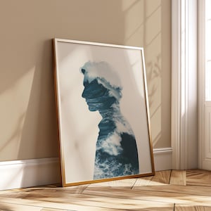 Dubbelexponering av havsporträtt, manlig silhuett, abstrakt havsvågskonstverk, minimalistisk kustdekor