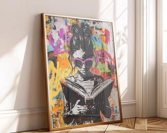 Cool Girl Reading Poster - Banksy Style Graffiti Urban Street Art Print with Glasses Digital Wall Decor