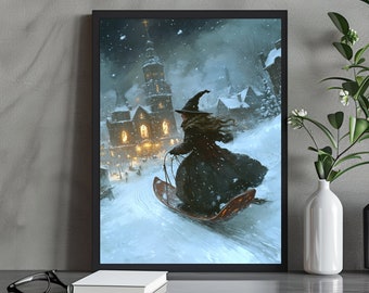Whimsical Witch Sledding Art Print | Fantasy Holiday Winter Decor | Magical Digital Wall Illustration for Home