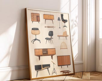 Colorful Mid Century Furniture Print - Retro Chairs Cabinets Wall