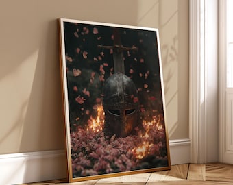 Knight Helmet Wall Art – Sword and Petals Fantasy Print – Fallen Warrior Tribute Poster – Cinematic Digital Download – Medieval Home Decor