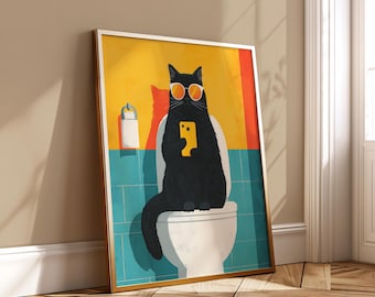 Funny Black Cat Toilet Poster Pop Art Bathroom Wall Art Digital Download Modern Decor
