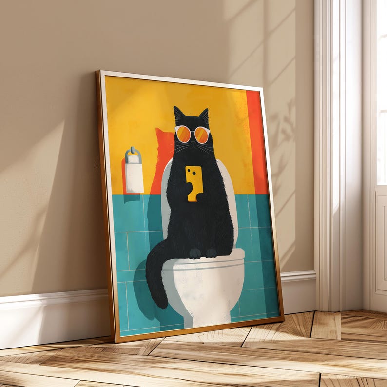 Funny Black Cat Toilet Poster Pop Art Bathroom Wall Art Digital ...