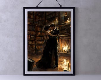 Miłośnicy w Bibliotece Malarstwo Artystyczne, Para Sztuka Do Wydruku, Dark Academia Druk, Ciemny Obraz Olejny, Nastrojowa Sztuka Ścienna, Gotycki Dekor dla Miłośników Książek