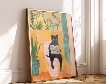 Funny Black Cat Reading Newspaper Toilet Poster - Tropical Bathroom Wall Art Digital Download Retro Jungle Printable Decor