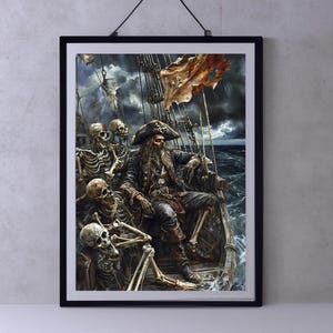 May include: A pirate captain with a long white beard sits on a ship surrounded by skeletons. The captain is wearing a black coat, a red sash, and a black hat. The ship is sailing on a stormy sea.