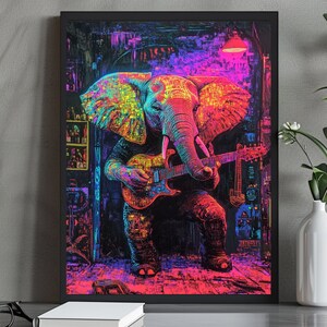 Neon Elephant Playing Guitar – Psychedelic Art Print, Music Room Decor, Trippy Wall Art, Colorful Animal Illustration, Gift for Musicians