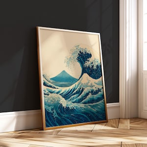 Hokusai Style Wave with Mount Fuji – Japanese Ocean Printable Wall Art – Minimal Digital Poster – Zen Coastal Download
