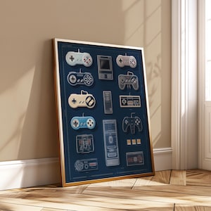 May include: Framed print featuring a collection of vintage video game controllers and consoles. The controllers are in various colors, including blue, white, and gray, set against a dark blue background. The print is in a gold frame and leans against a wall.