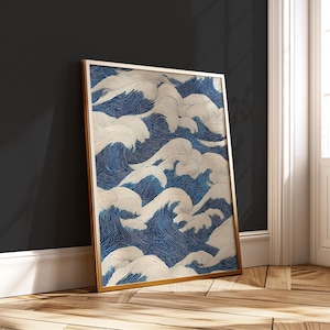 Japanese Wave Pattern – Minimalist Ocean Line Art Print – Japandi Zen Digital Poster – Abstract Blue Sea Printable Decor