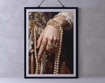Victorian Aesthetic Princess Master Sword Art, Dark Moody Wall Art, Baroque Oil Painting, Dark Academia Victorian Woman Royal Portrait