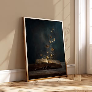 Magic Book Wall Art – Glowing Butterflies Fantasy Print – Dark Academia Grimoire Poster – Enchanted Antique Page Decor – Digital Download