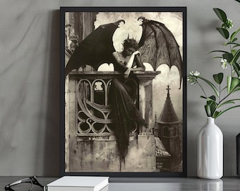 Victorian Vampire Bat Woman Gothic Illustration Print, Dark Aesthetic Decor, Moody Wall Art, Vintage Print, Witchcraft Goddess