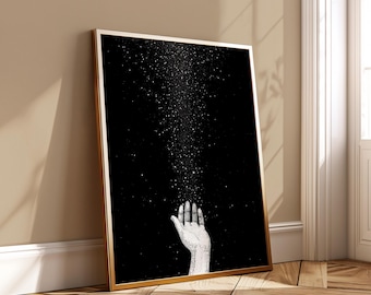 Reaching Stars Minimalist Hand Wall Art - Black White Cosmic Spiritual Manifestation Poster Digital Download