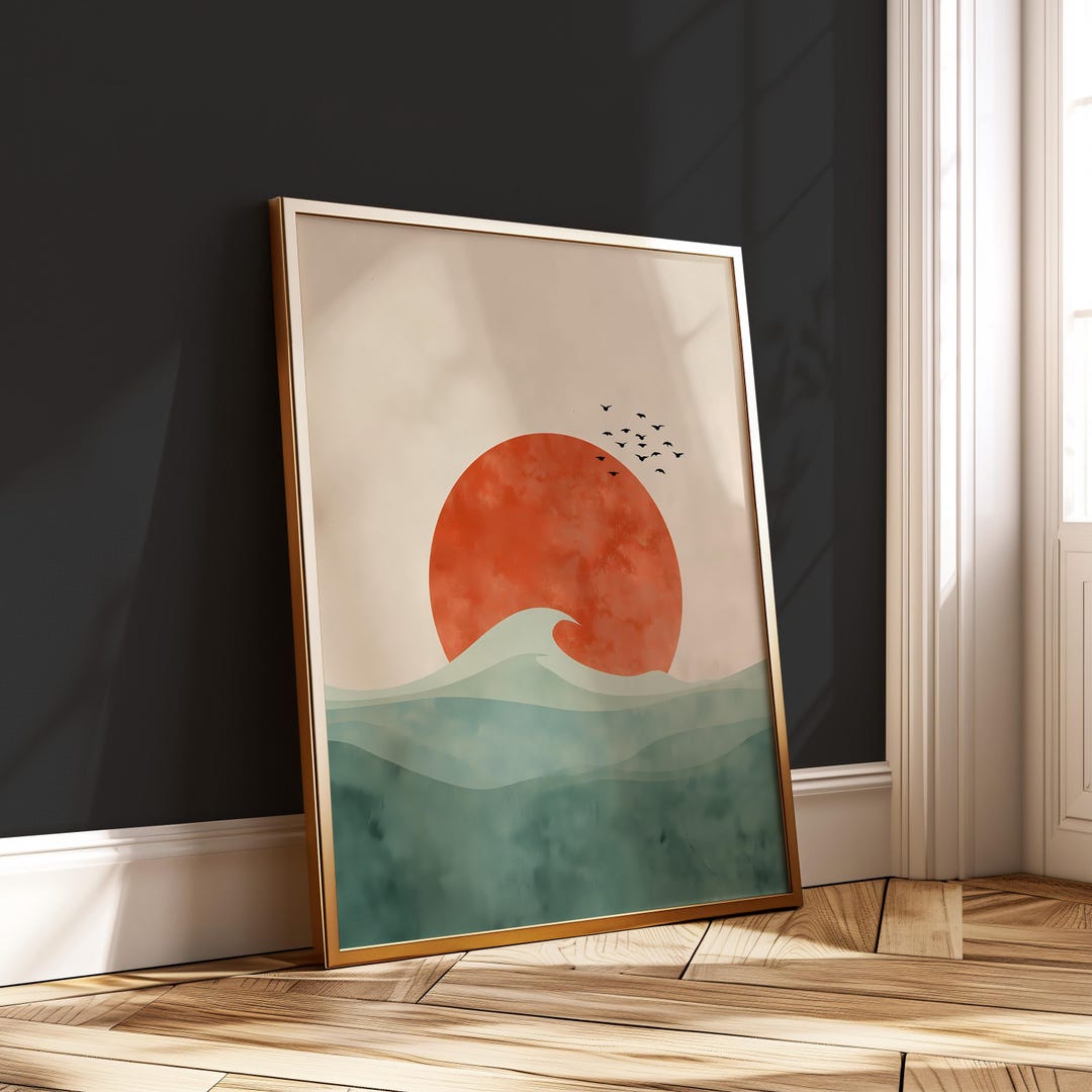 Japandi Ocean Wave Art – Rising Sun Minimalist Print – Zen Sea ...