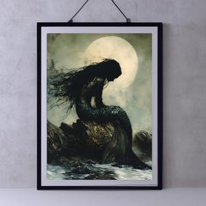 Dunkle Ozean-Meerjungfrau-Meerjungfrau-Kunst | Dark Fantasy Fairytale Wand Kunst | Cottagecore Mermaidcore Decor Sirene Art