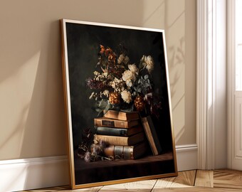 Dark Academia Book Stack Wall Art - Vintage Floral Still Life Print with Peonies & Eucalyptus - Cozy Library Digital Download
