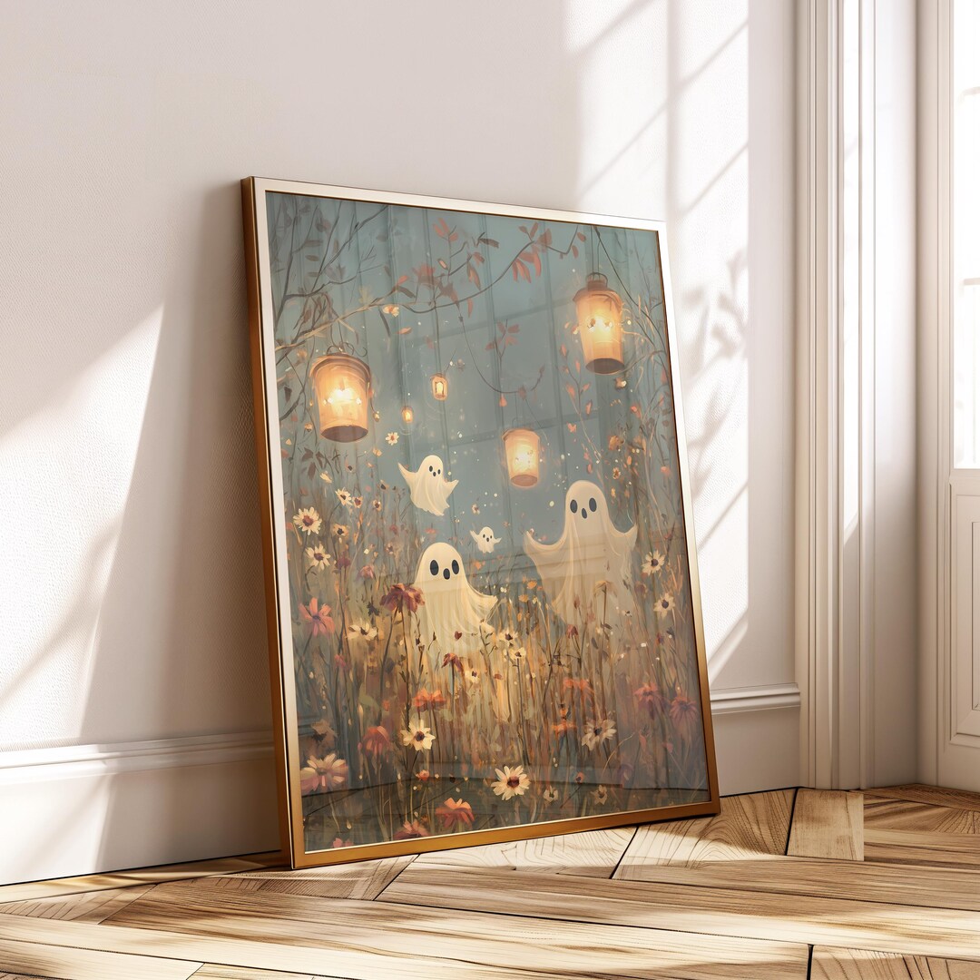 Glowing Lantern Ghosts Halloween Digital Wall Art - Cozy Autumn Night ...