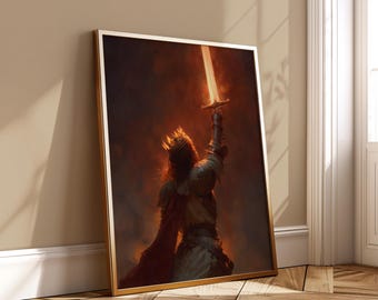 Gekrönte Kriegerin Kunst - Flammendes Schwert Digitales Poster Fantasy Weibliche Anführer Wand Druck Ermächtigung Kampfszene Download