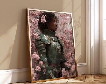 Black Female Knight Wall Art – Sakura Warrior Printable Poster – Green Floral Armor Fantasy Scene – Feminine Medieval Digital Download