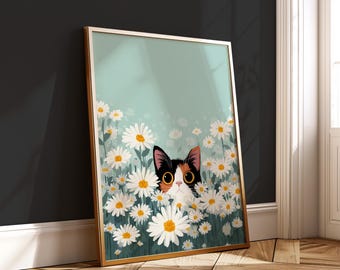 Calico Cat in Daisies - Pastel Floral Digital Print - Minimalist Wall Art Poster