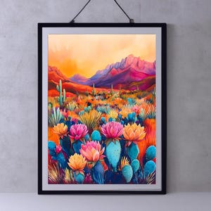 Southwest Desert Landscape with Cacti and Flowers, Colorful Wall Art for Living Room or Bedroom, Framed Canvas Print