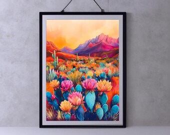 Könnte beinhalten: Ein gerahmtes Aquarellgemälde einer Wüstenlandschaft. Das Kunstwerk zeigt leuchtende Farben, darunter Rosa, Orange und Blau. Die Szene zeigt Kakteen, blühende Pflanzen und Berge unter einem farbenfrohen Himmel.
