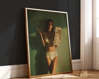 Vintage Woman Smoking Print - Cinematic Boudoir Poster - Retro Digital Wall Art for Bedroom Decor
