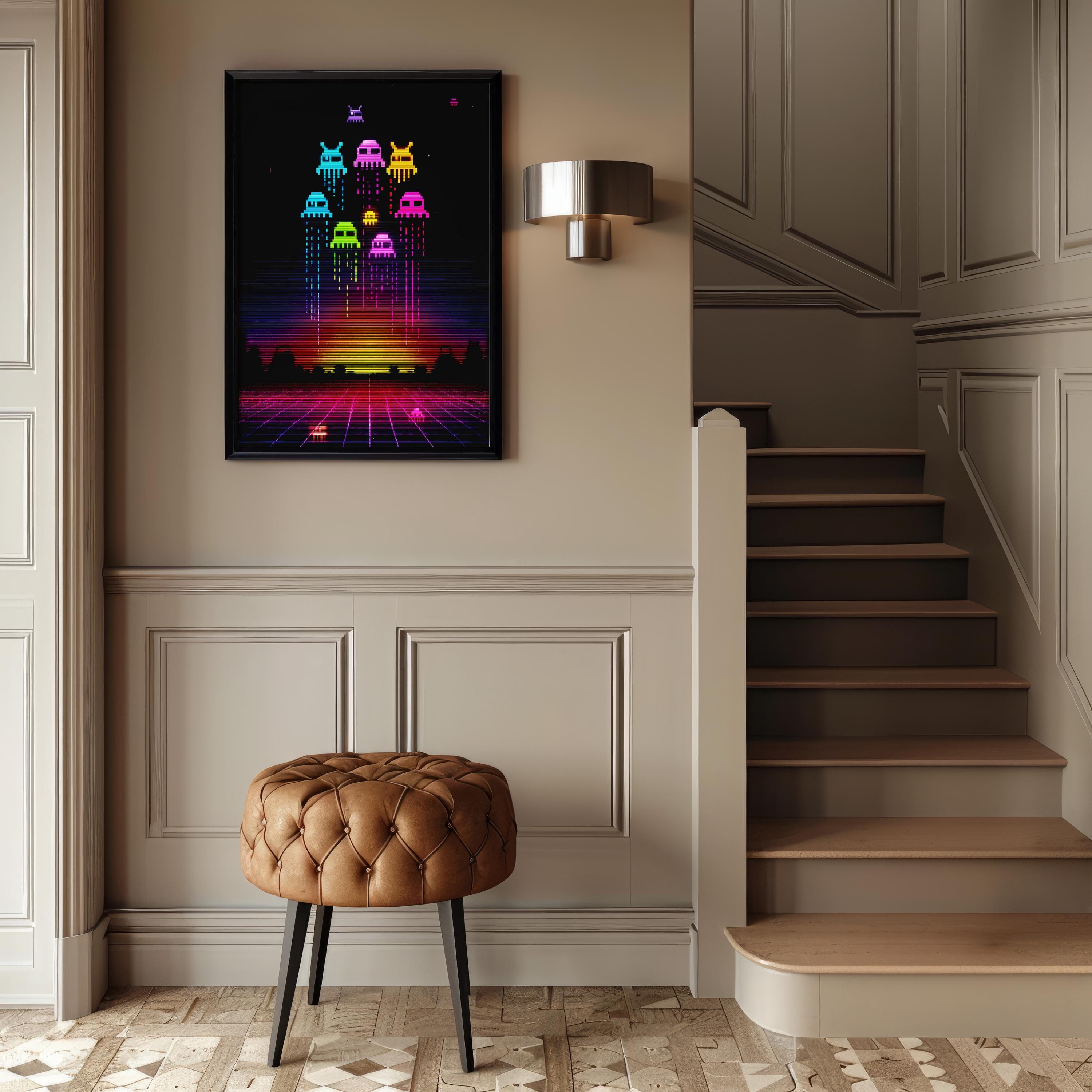 Retro Pixel Space Invaders Poster - Neon Arcade Wall Art - Synthwave ...