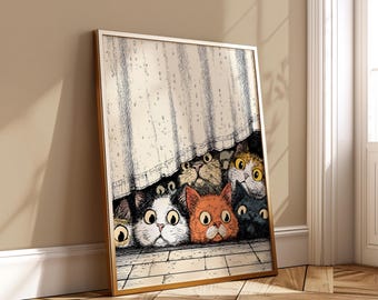 Funny Bathroom Cat Art - Quirky Feline Poster Behind Shower Curtain - Vintage Ink Style Digital Wall Decor Instant Download