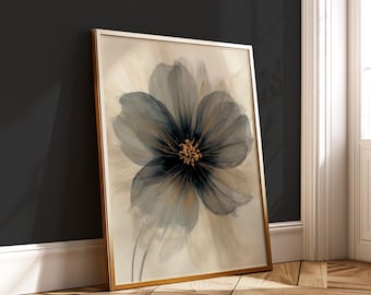 Luxury Floral Wall Art – Black Gold Transparent Flower Print – Modern Abstract Botanical Poster – Neutral Digital Artwork – Instant Download