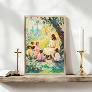 Jesus Teaching Children Christian Print – Nursery Wall Art JPG | Faith-Based Home Decor | Bible Illustration | Digital Download