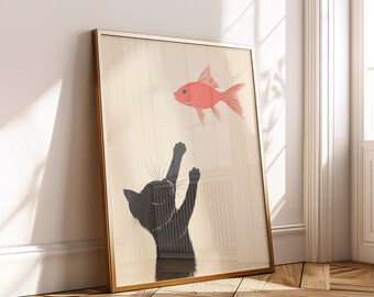 Funny Cat Red Fish Print - Bold Minimal Digital Download Wall Art Poster for Pet Lovers Home Decor