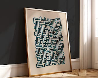 Geometric Teal Line Art Print - Minimalist Maze Wall Decor Digital Download