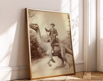 Dinosaur Cowboy Printable Wall Art - Dark Academia Vintage Gothic Western Digital Download Occult Antiqued Home Decor
