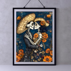 Dia de Los Muertos Couple, Catrina Calavera Print, Mexican Colorful Folk Art Painting, Printable Wall Art, Digital Download