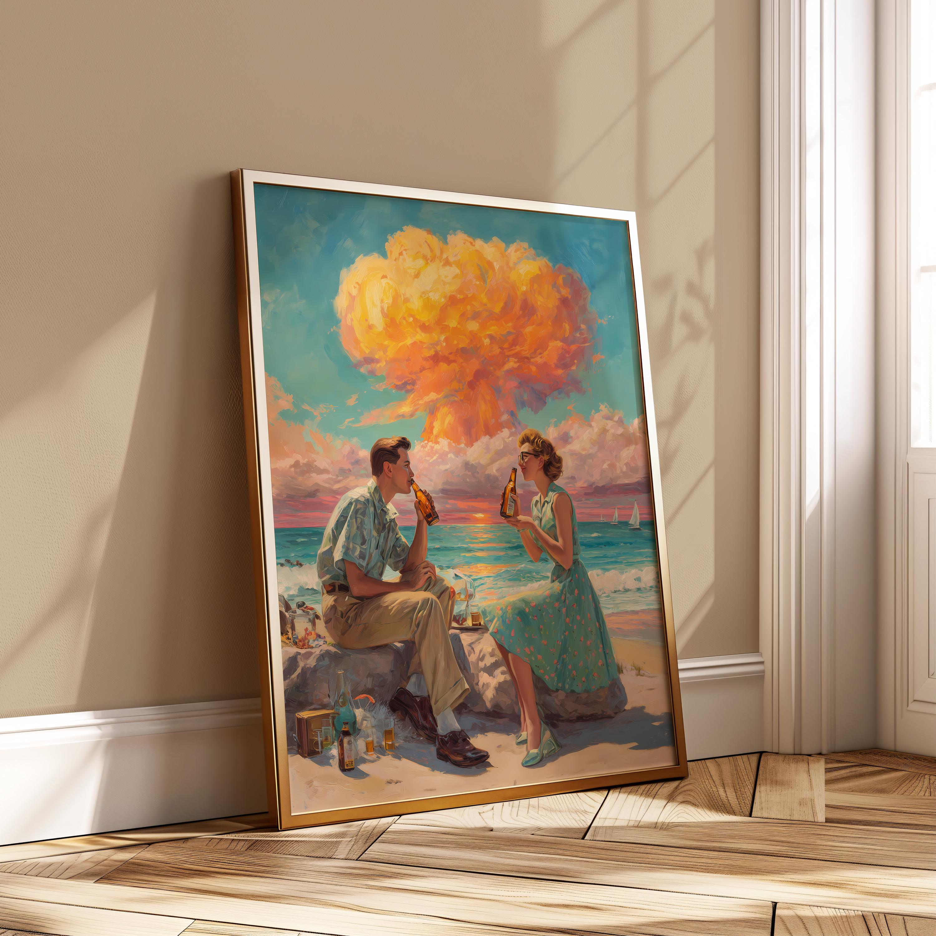 Romantic Bomb Sunset Poster - 1950s Couple Beach Beer Surreal