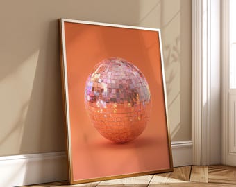 Pink Disco Ball Poster - 3D Modern Wall Art - Shiny Mirror Sphere Printable Orange Retro Decor