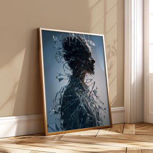 Portret rozbitego szkła, plakat z rozbitą twarzą, wydruk abstrakcyjnego fragmentu, surrealistyczne pobieranie cyfrowe kobiet