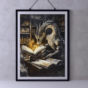 Dragon Library Art | Mystical Dragon Reading Book | Fantasy Wall Decor | Gift for Book and Dragon Lovers