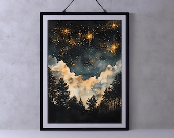 May include: Framed art print depicting a night sky scene. The artwork features a dark blue and black sky filled with golden stars and clouds. Silhouetted trees are at the bottom, creating a forest scene. The print is in a black frame.