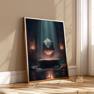 May include: A framed art print featuring a geometric crystal floating above a stone altar in a dimly lit room. The artwork has a fantasy theme, with light beams shining down on the crystal. The frame is gold.