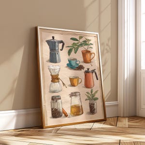 Pode incluir: Uma impressão emoldurada com várias ferramentas e acessórios para fazer café. A obra de arte inclui uma cafeteira azul, um vertedor de vidro e uma chaleira de cobre. Outros itens incluem xícaras de café, grãos e potes.
