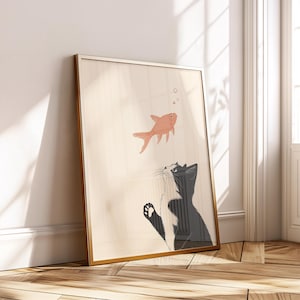 Playful Cat and Goldfish Print – Retro Animal Wall Art – Digital Download – Minimalist Pet Illustration for Cat Lovers
