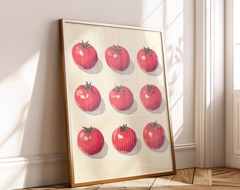 Può includere: Una stampa artistica incorniciata con nove pomodori rossi con steli verdi, disposti in tre file da tre. I pomodori sono raffigurati con uno stile acquerello su uno sfondo beige chiaro, racchiusi in una cornice dorata.